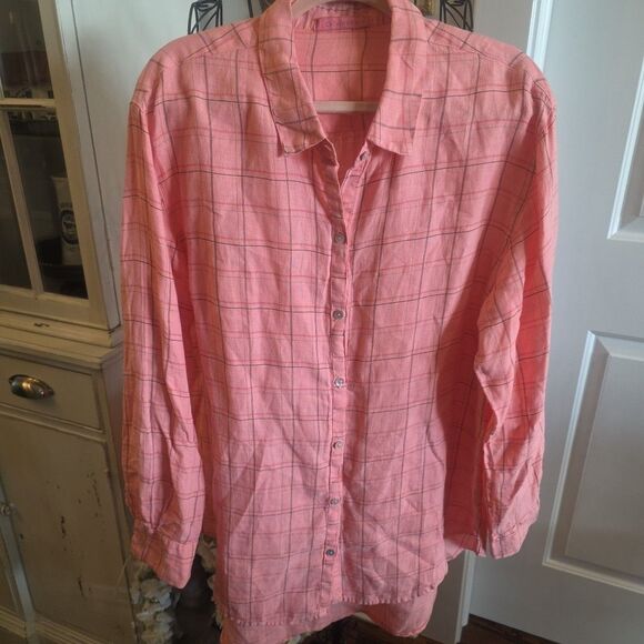 CUT LOOSE Linen Pink Plaid Button-up Hi-Lo Tunic Size XL Lagenlook Made In USA - Picture 1 of 9